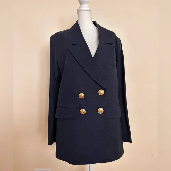 SMYTHE Oversized Linen Blend Double Breasted Blazer in Navy - Picture 5 of 11